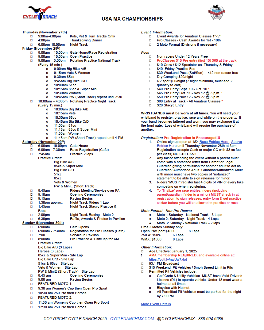 2025 USA MX CHAMPIONSHIPS ADMISSION & TICKETING | $5000+ PURSE | 11/27-30, 2025