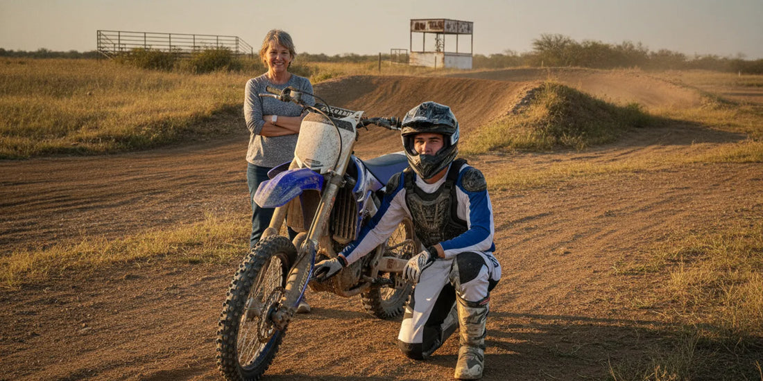 Beginner motocross rider preparing beside a dirt bike at a Texas track
