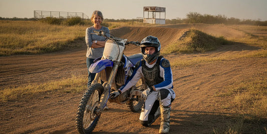 Beginner motocross rider preparing beside a dirt bike at a Texas track