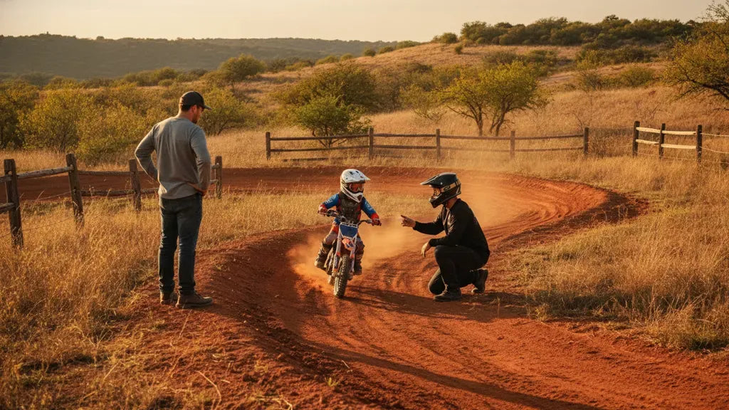 Parent and instructor helping a young motocross rider on a Texas dirt bike track