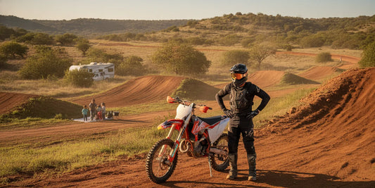 Dirt bike rider warming up beside a motocross track before a practice session