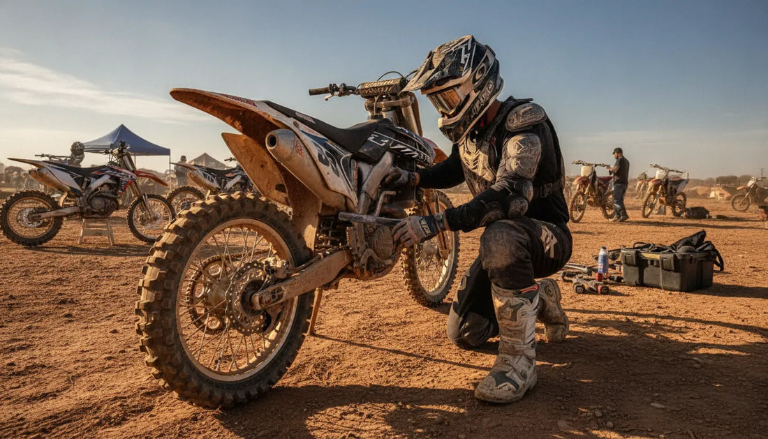 Rider checking a dirt bike beside the track before a ride