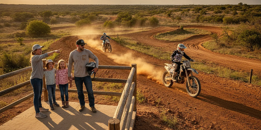 Riders on dirt bikes sharing an outdoor motocross track in Texas