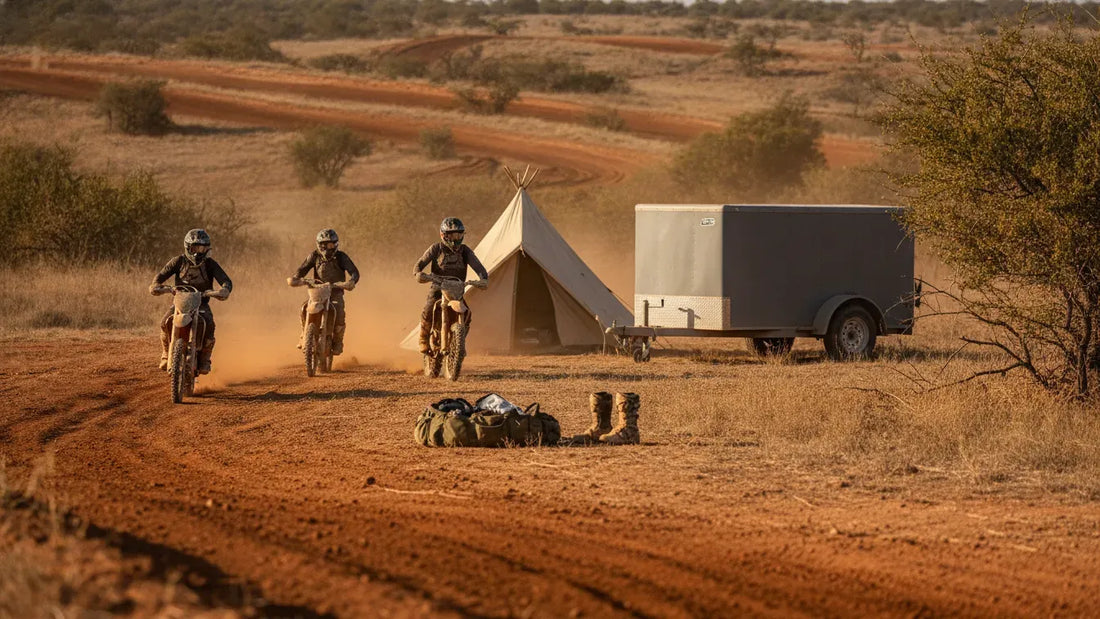 Dirt-bike riders returning to an unbranded campsite beside a red-dirt motocross track in Texas