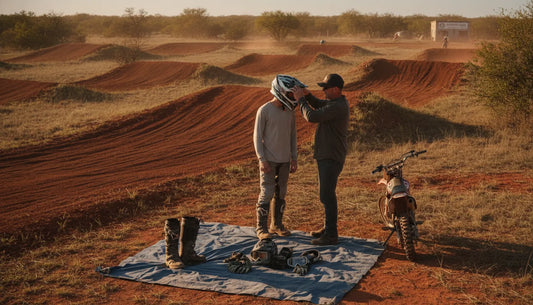 Parent helping a first-time motocross rider fit a helmet beside a Texas dirt track