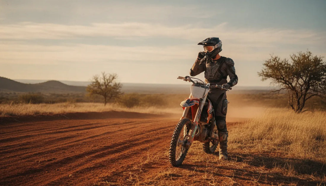 Motocross rider checking a nose strip and goggles beside a red dirt track