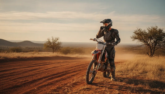 Motocross rider checking a nose strip and goggles beside a red dirt track