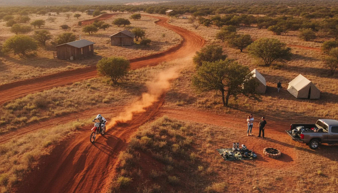 Motocross rider arriving at a Texas destination with a dirt track and camping area