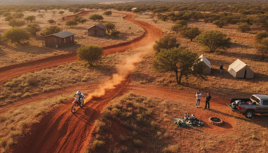 Motocross rider arriving at a Texas destination with a dirt track and camping area