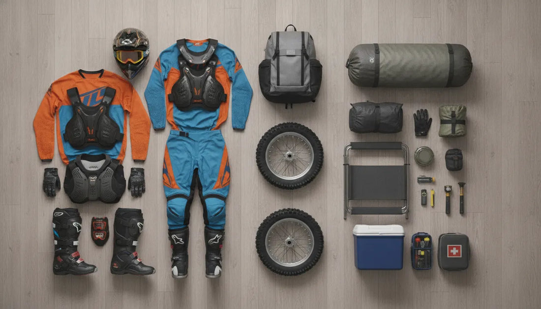 Motocross weekend packing list with riding gear, camping supplies, tools, and spare parts.