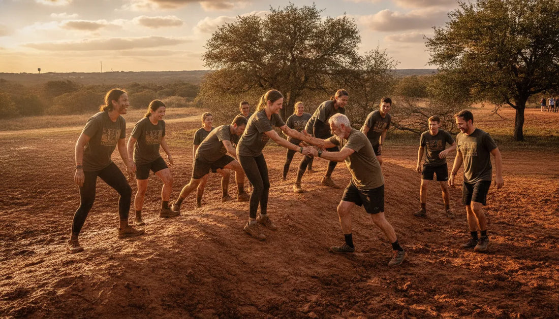 First-time participants helping one another through a muddy Texas obstacle course