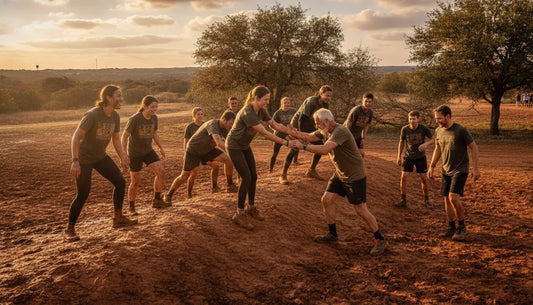 First-time participants helping one another through a muddy Texas obstacle course
