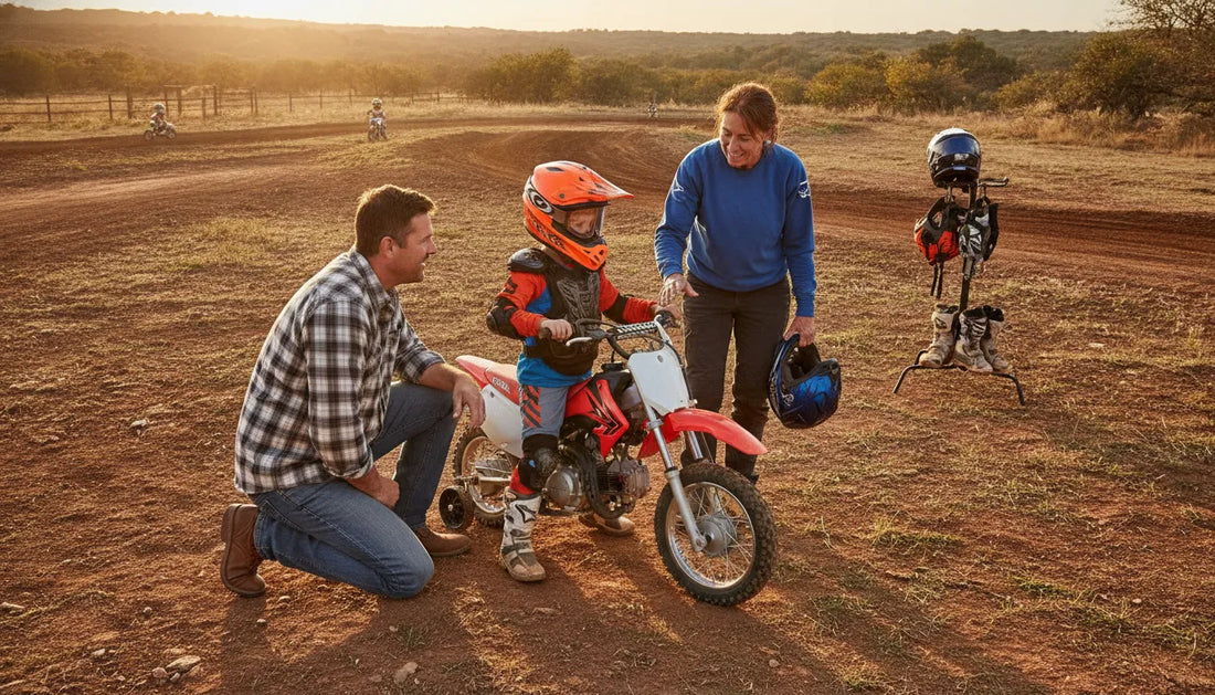 Parent and young rider meeting a motocross instructor beside a beginner track