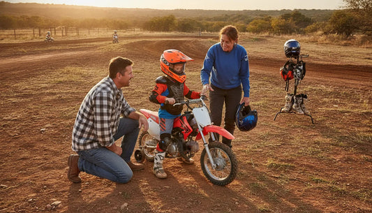 Parent and young rider meeting a motocross instructor beside a beginner track