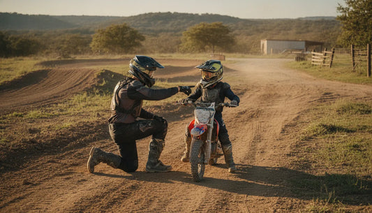 Parent coaching a young rider beside a beginner motocross track