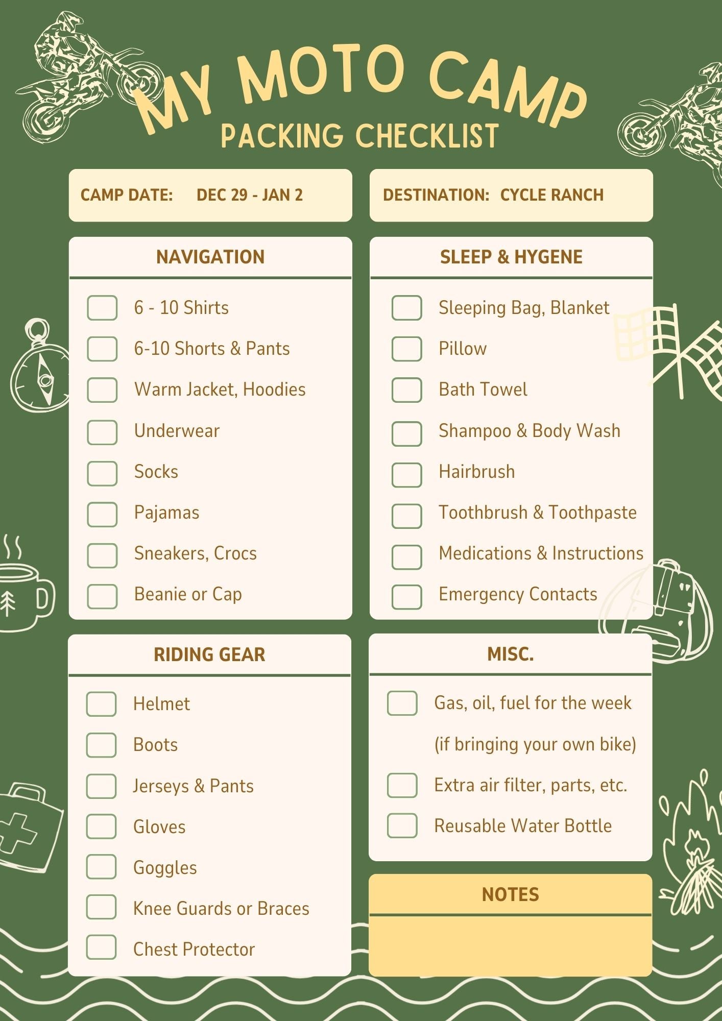 kids motocross camp packing list