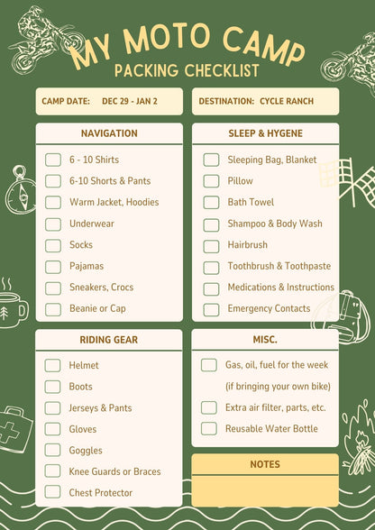 kids motocross camp packing list