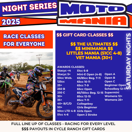 MOTOMANIA | ADMISSION & TICKETS | SATURDAY NIGHT MX RACING 2025